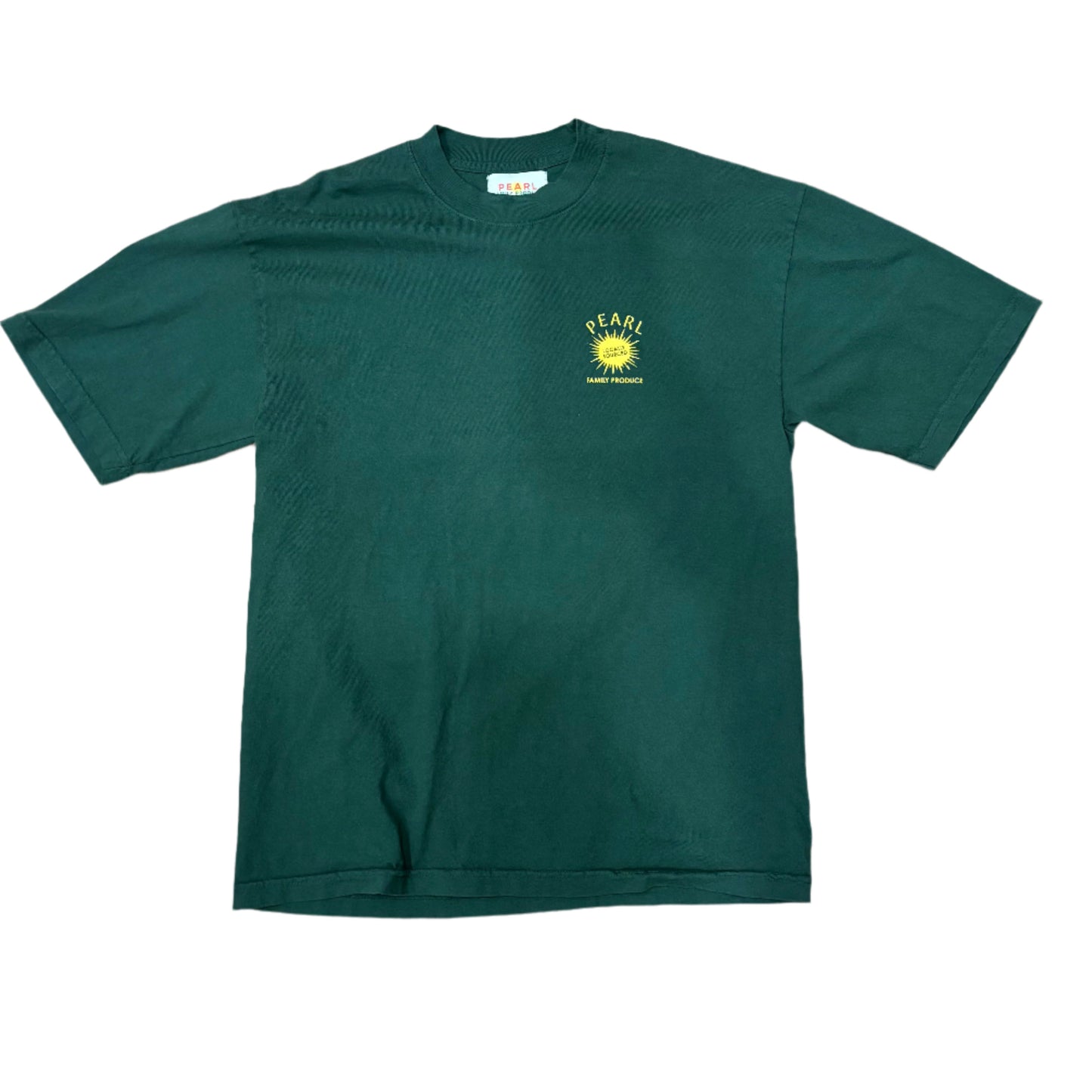 view of front of green t-shirt with left chest graphic