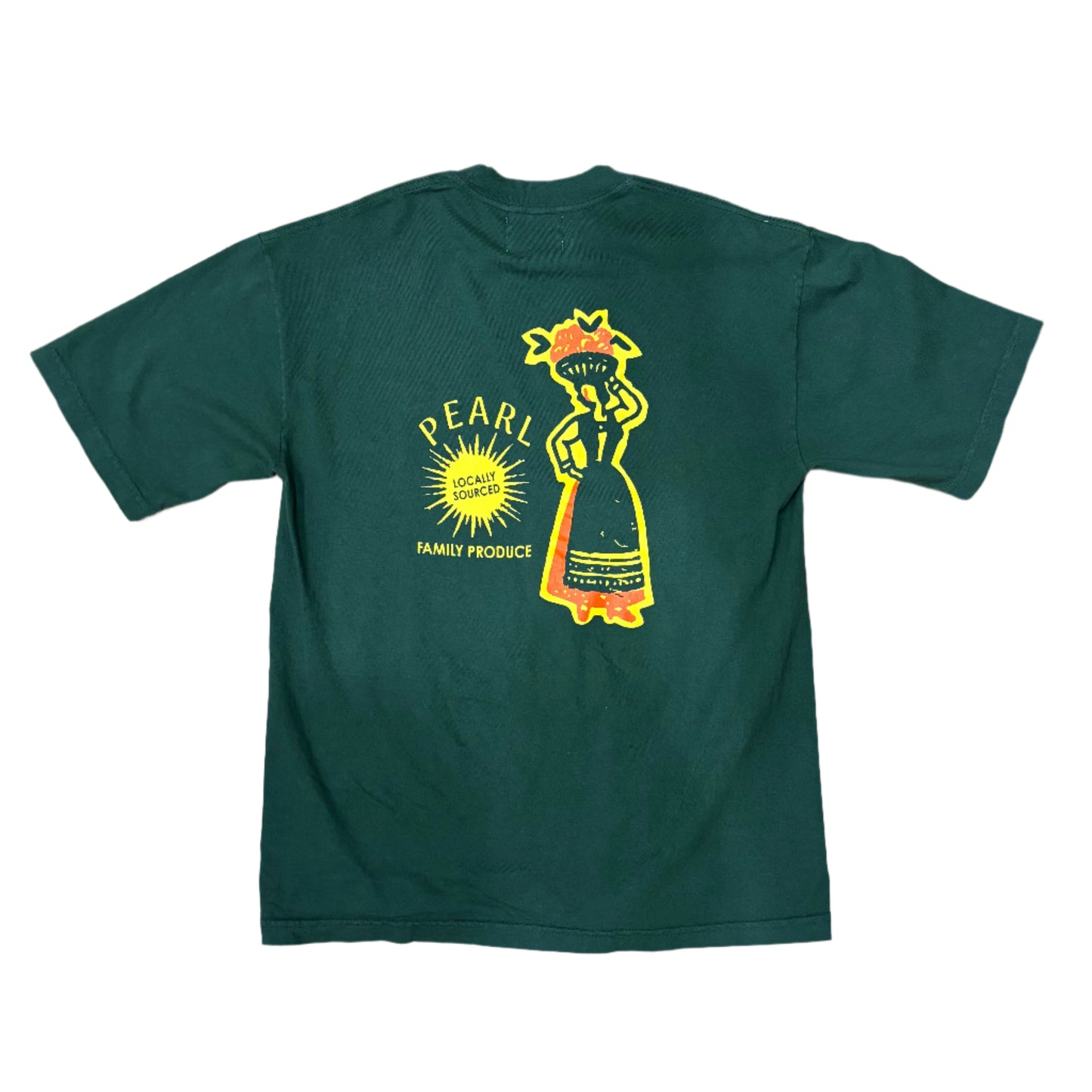 view of rear of green t-shirt with logo of woman carrying basket of fruit