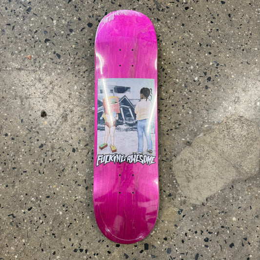 drawing of boy and girl on pink skate deck