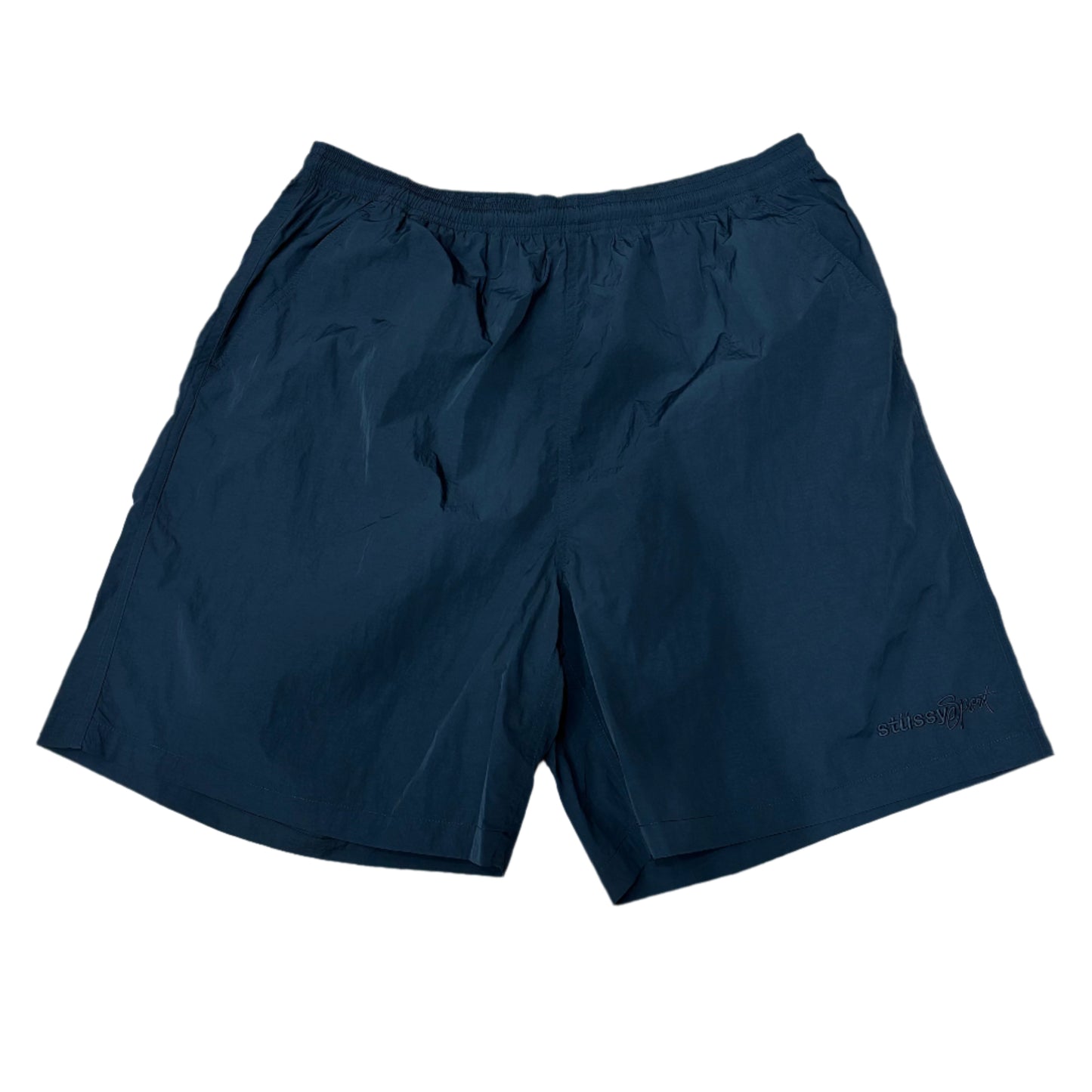 black nylon shorts with STUSSY SPORT embroidered on left leg