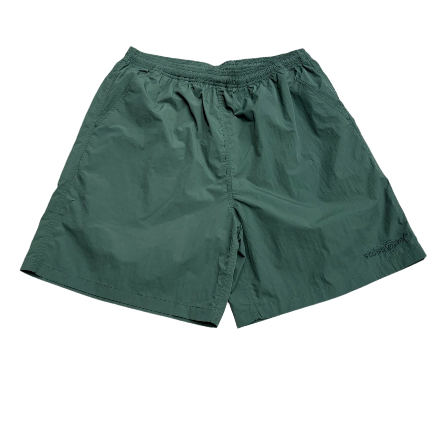 green nylon short with small tonal STUSSY embroidery on left leg