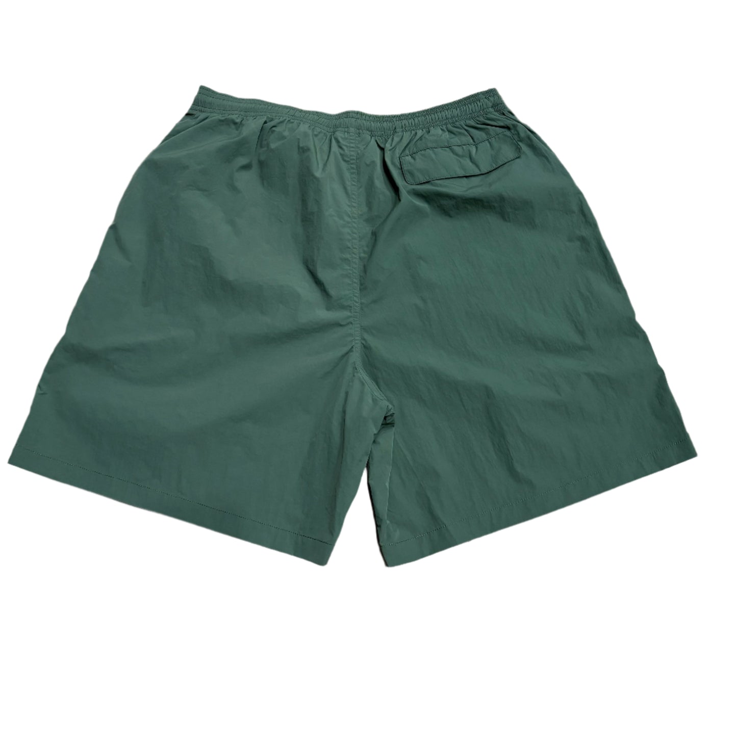 rear of olive colored nylon shorts
