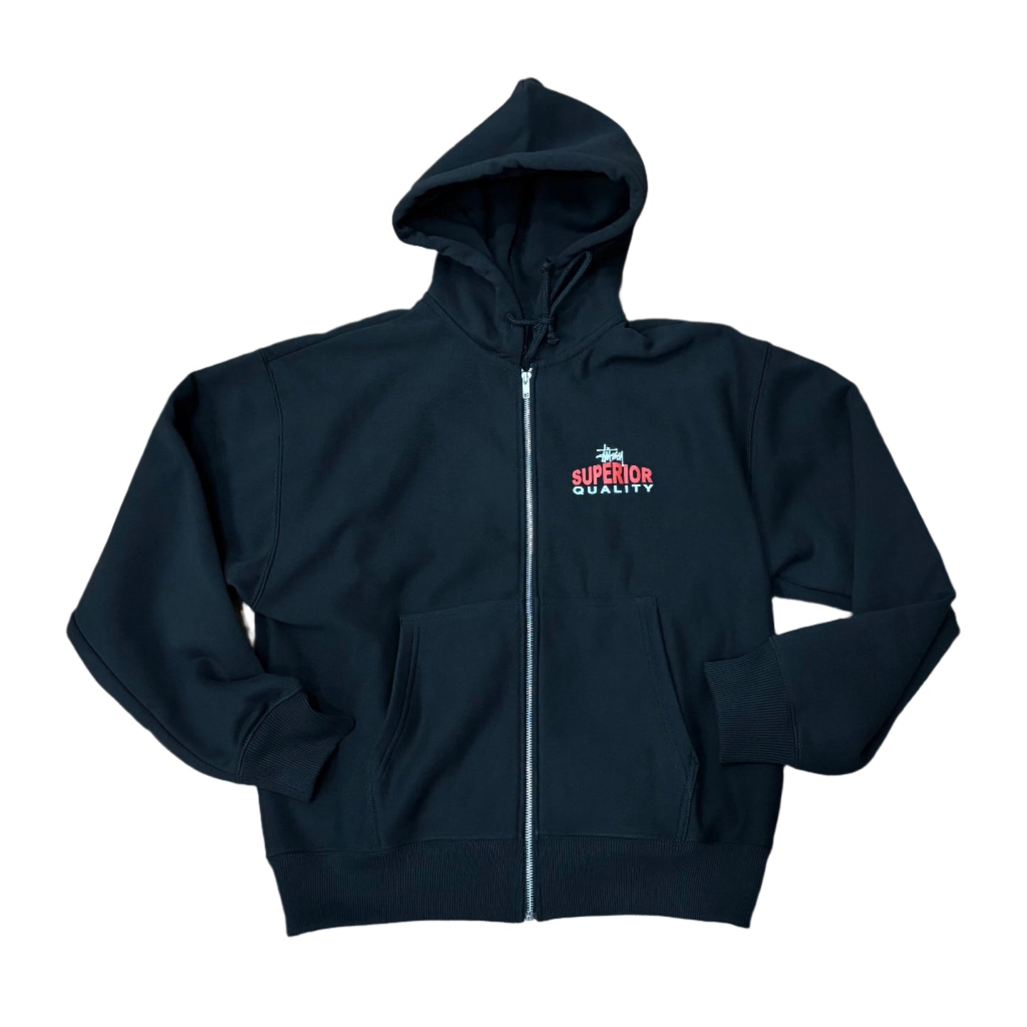front view of black zip hoodie with STUSSY SUPERIOR QUALITY printed on left chest