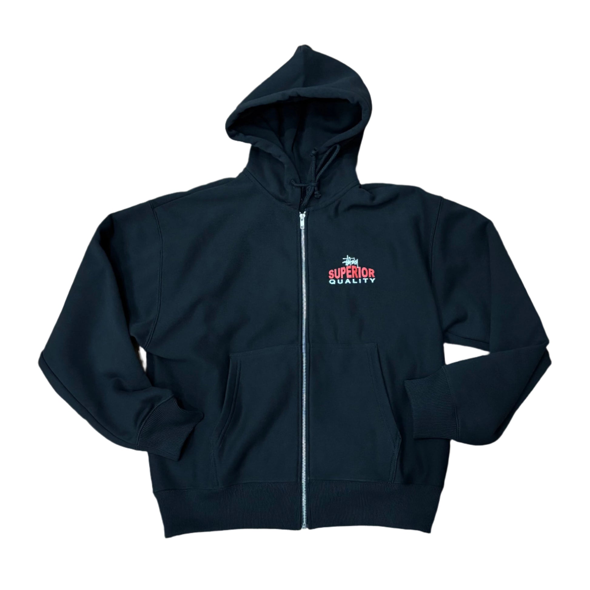 front view of black zip hoodie with STUSSY SUPERIOR QUALITY printed on left chest