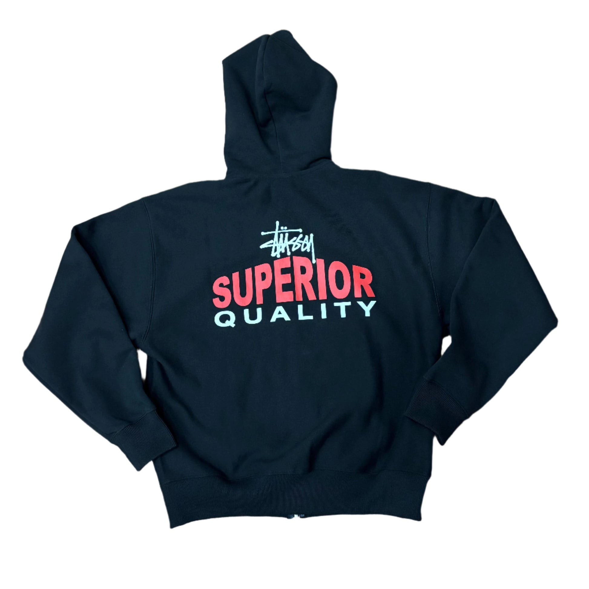 view of rear of hoodie with STUSSY SUPERIOR QUALITY printed in the middle