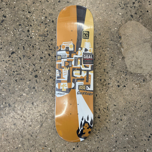 black and white abstract design on brown skate deck