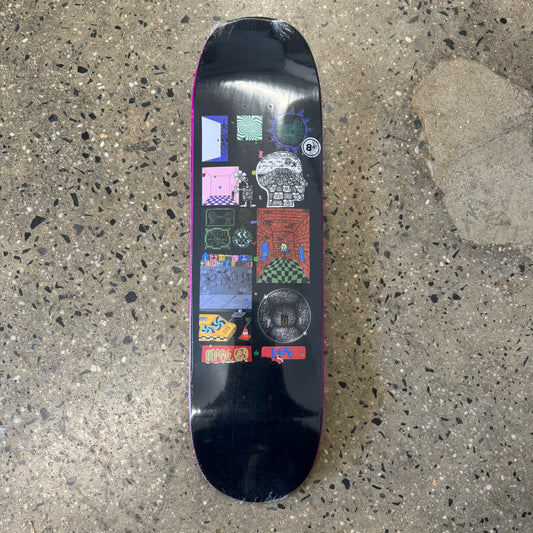 collage style hand drawn graphic on black skate deck
