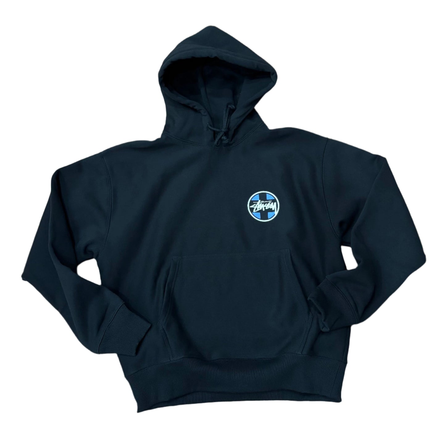 front view of black hoodie with STUSSY cross logo screenprinted on left chest