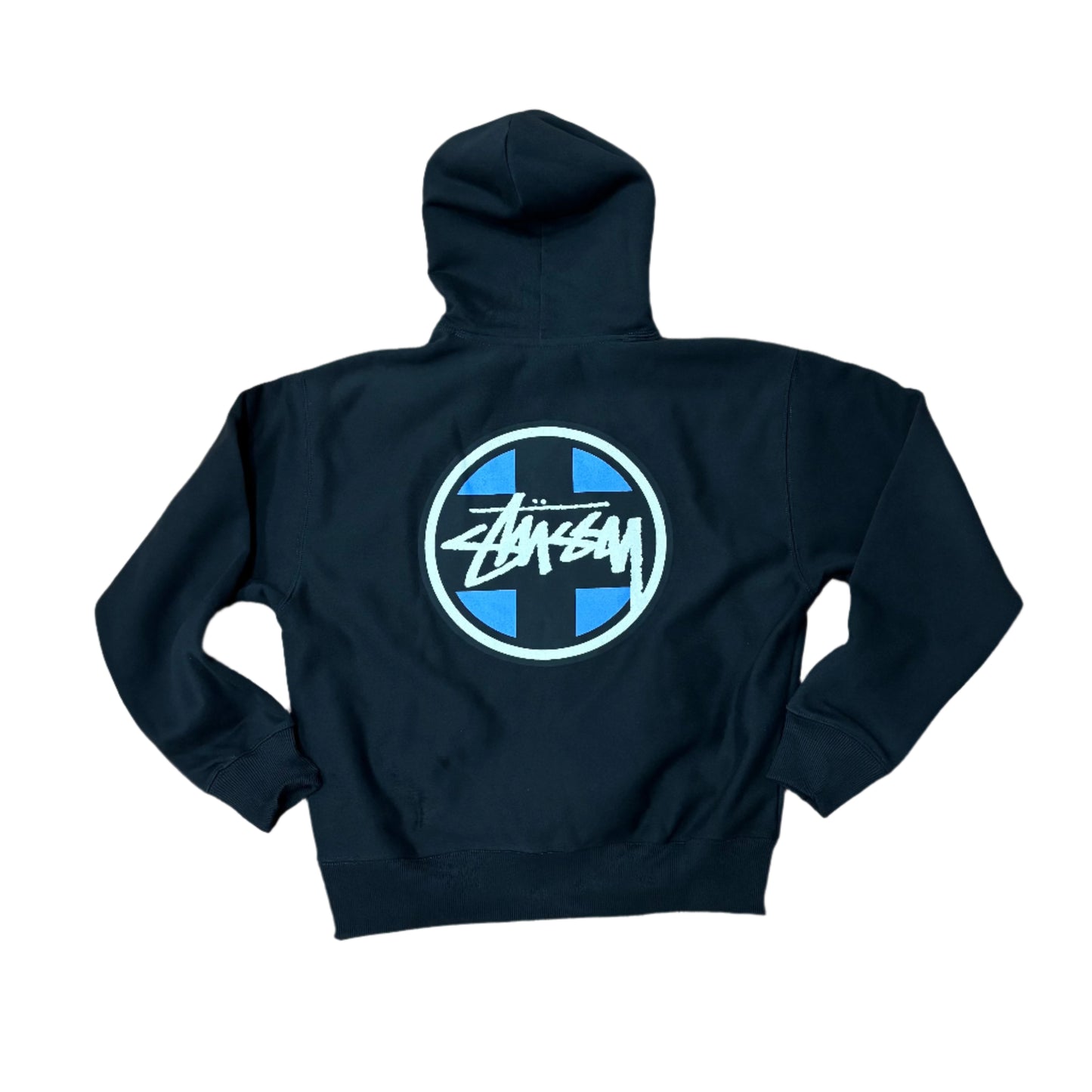 rear view of black hoodie with STUSSY cross logo screenprinted on center of back