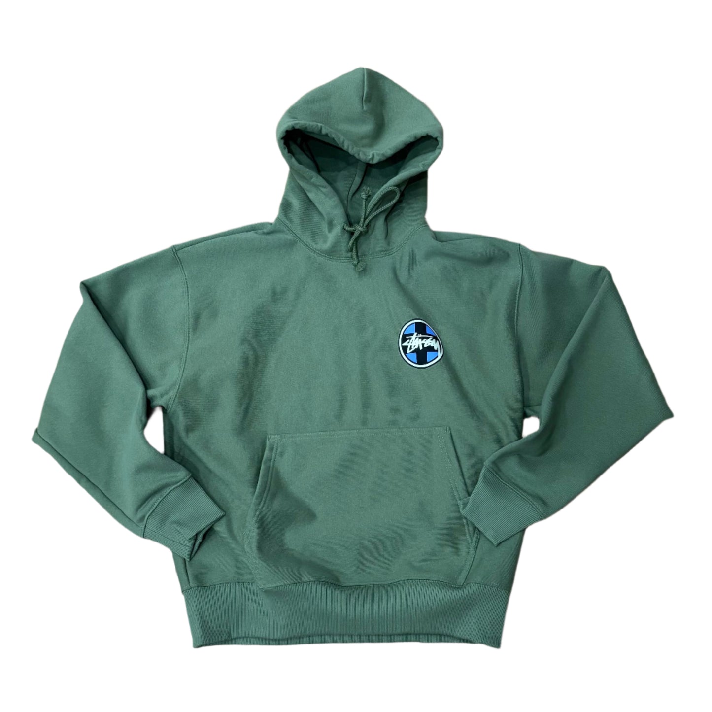 Front view of olive colored pullover hood with left chest STUSSY cross logo on it