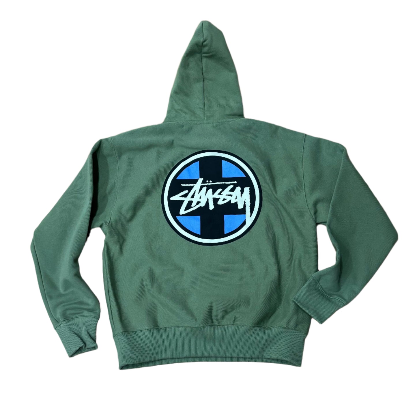 rear view of olive colored pullover hood with center STUSSY cross logo on it