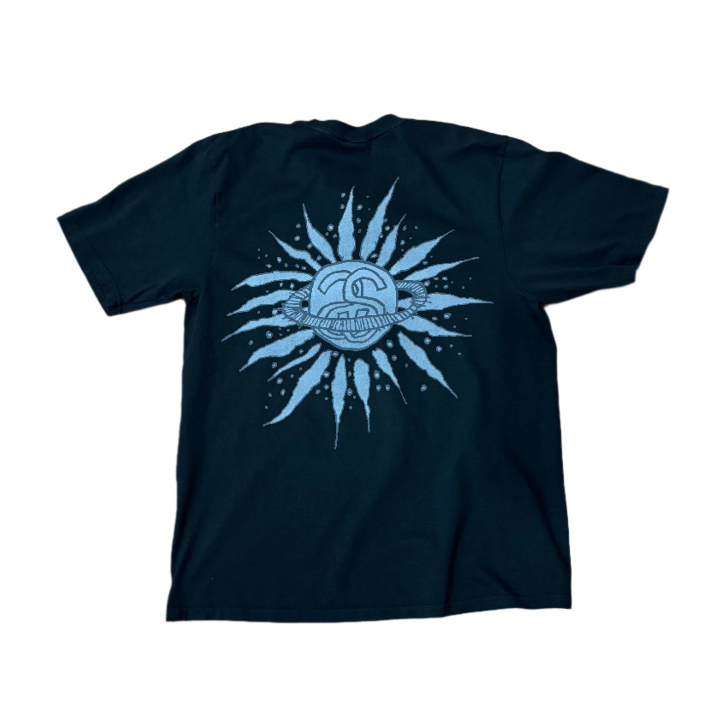 rear view of black t-shirt with double S stussy sun and rings logo