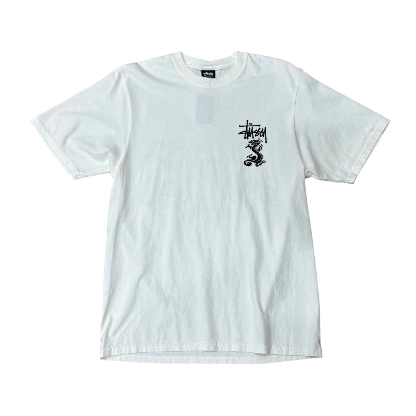 white stussy logo t-shirt with dragon logo and STUSSY printed on left chest