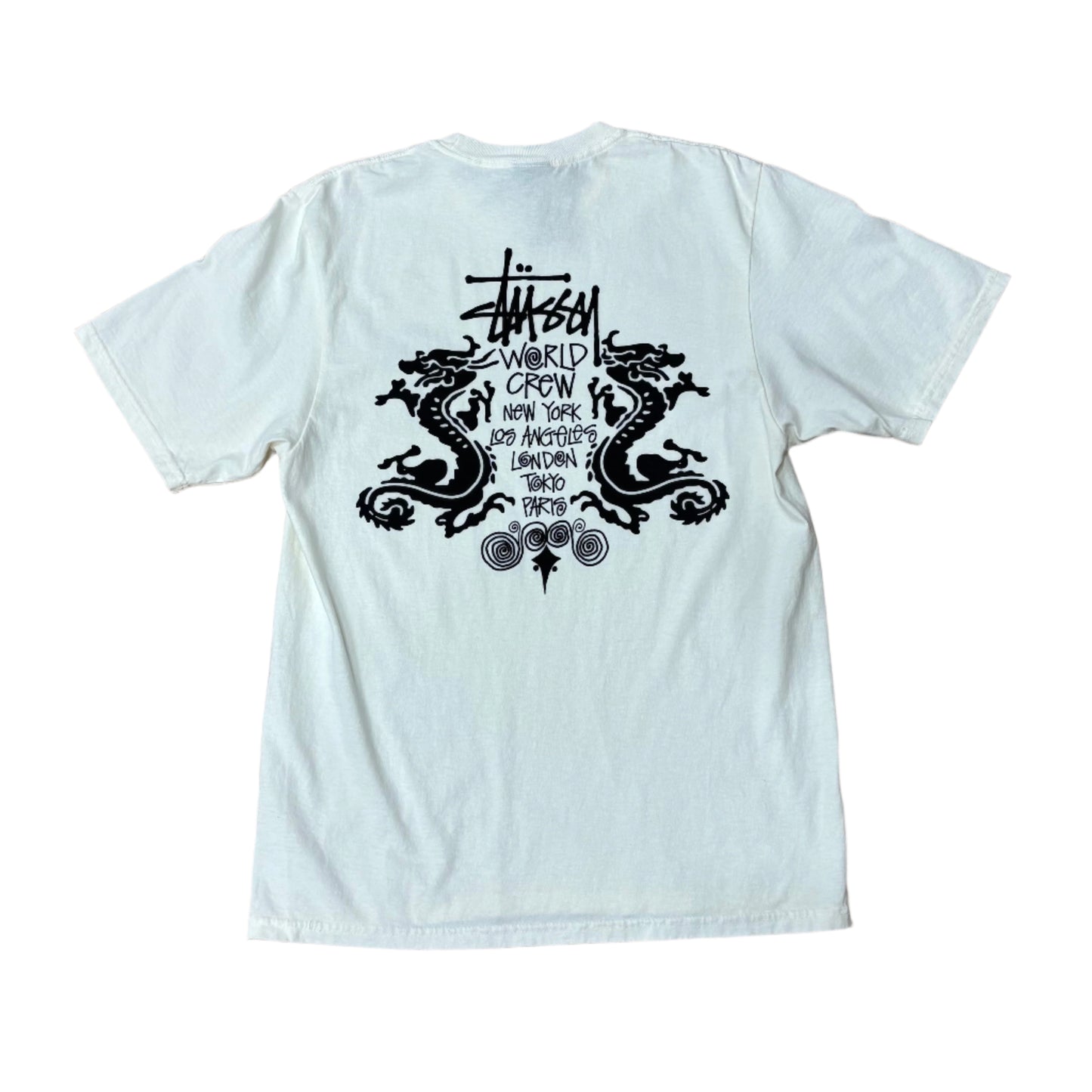 white t-shirt with STUSSY WORLD CREW printed on center of shirt with dragons