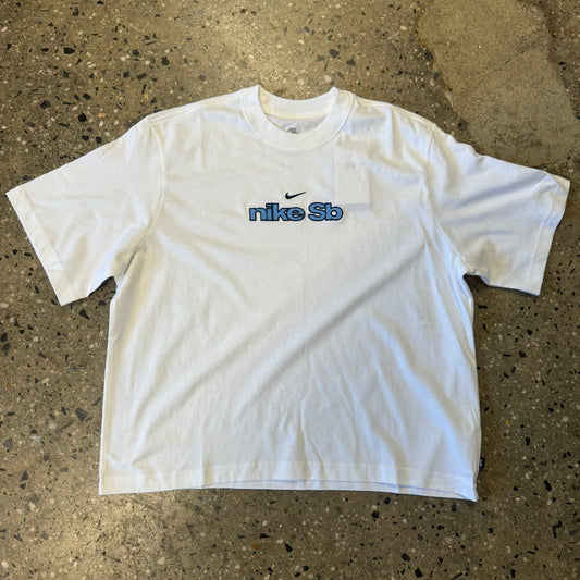 white cropped t-shirt with light blue logo