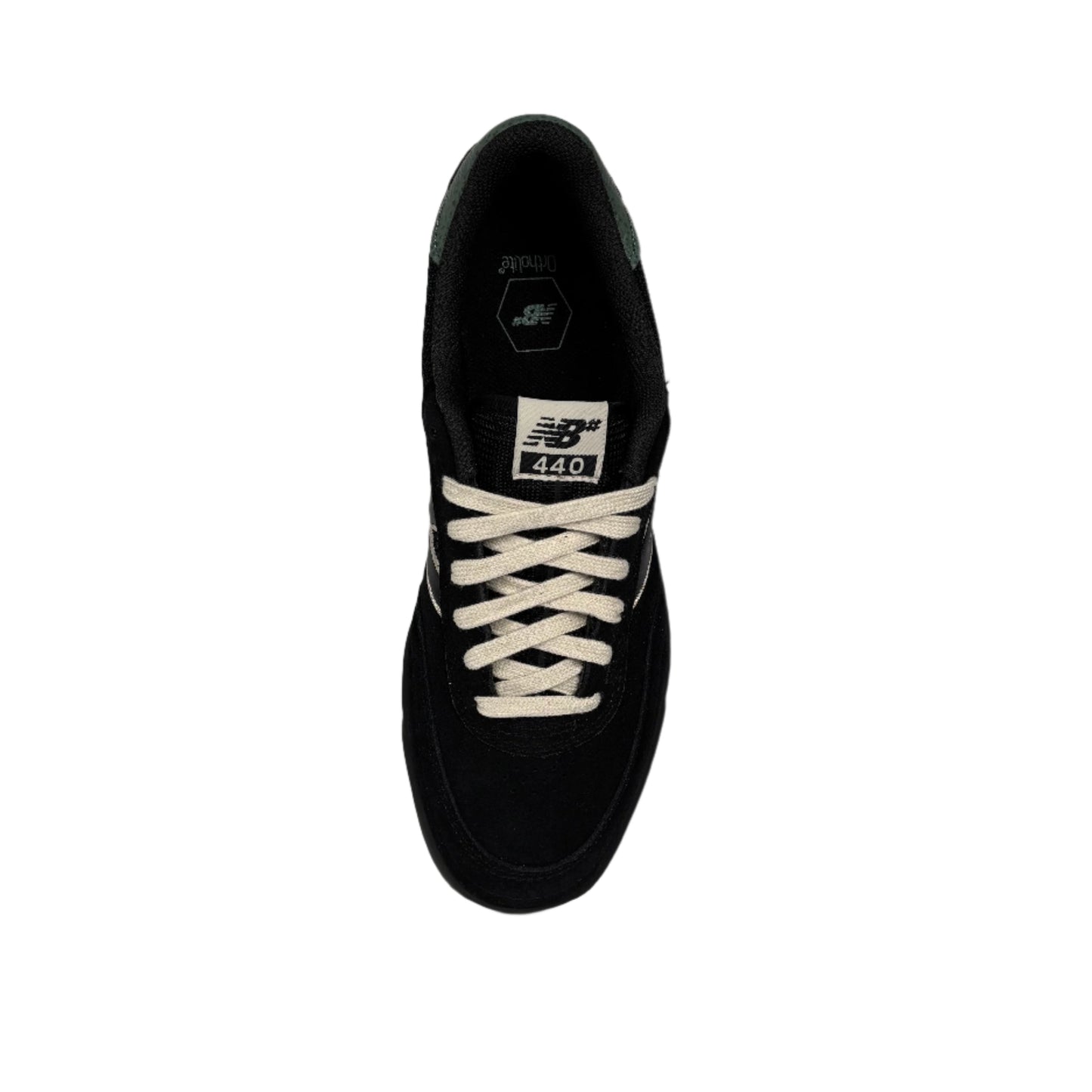 overhead view of black suede lowtop skate sneaker with off white laces