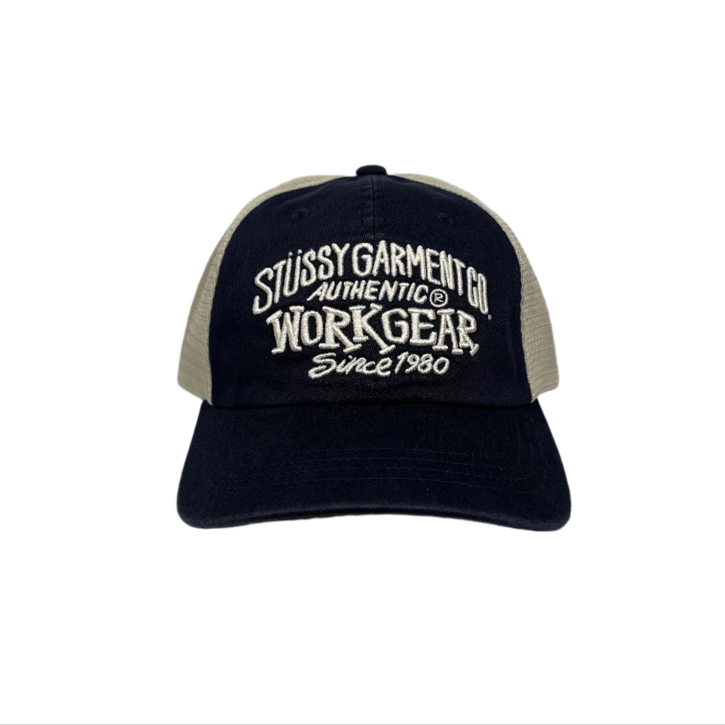front view of mesh and cotton cap with STUSSY GARMENT CO AUTHENTIC WORKGEAR SINCE 1980 embroidered on crown of cap