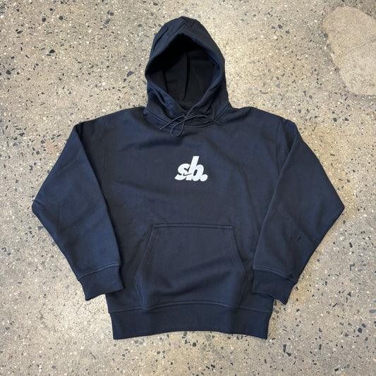 black hoodie with white logo
