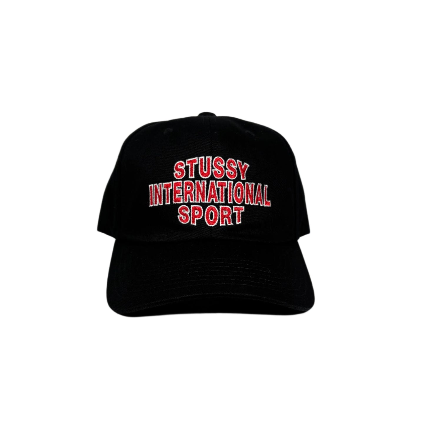 black cap with STUSSY INTERNATIONAL SPORT embroidered on crown