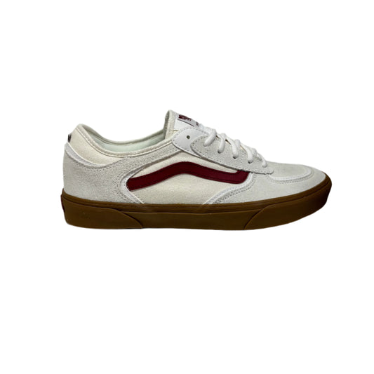 white suede and canvas shoe with red and gum accents