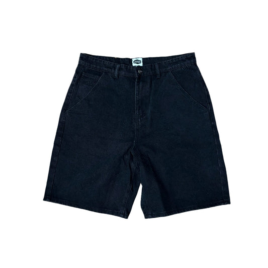 front view of black washed denim short