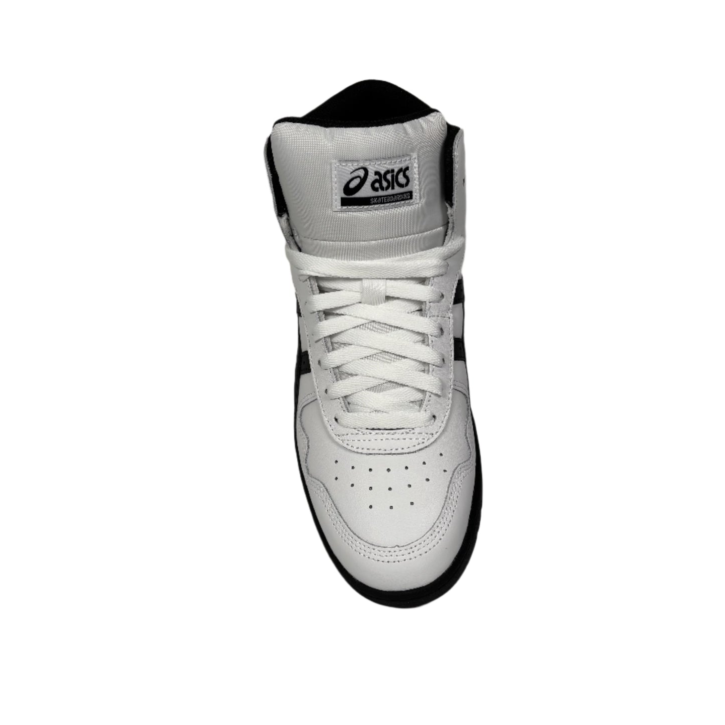 top down view of white leather mid top show with black outsole