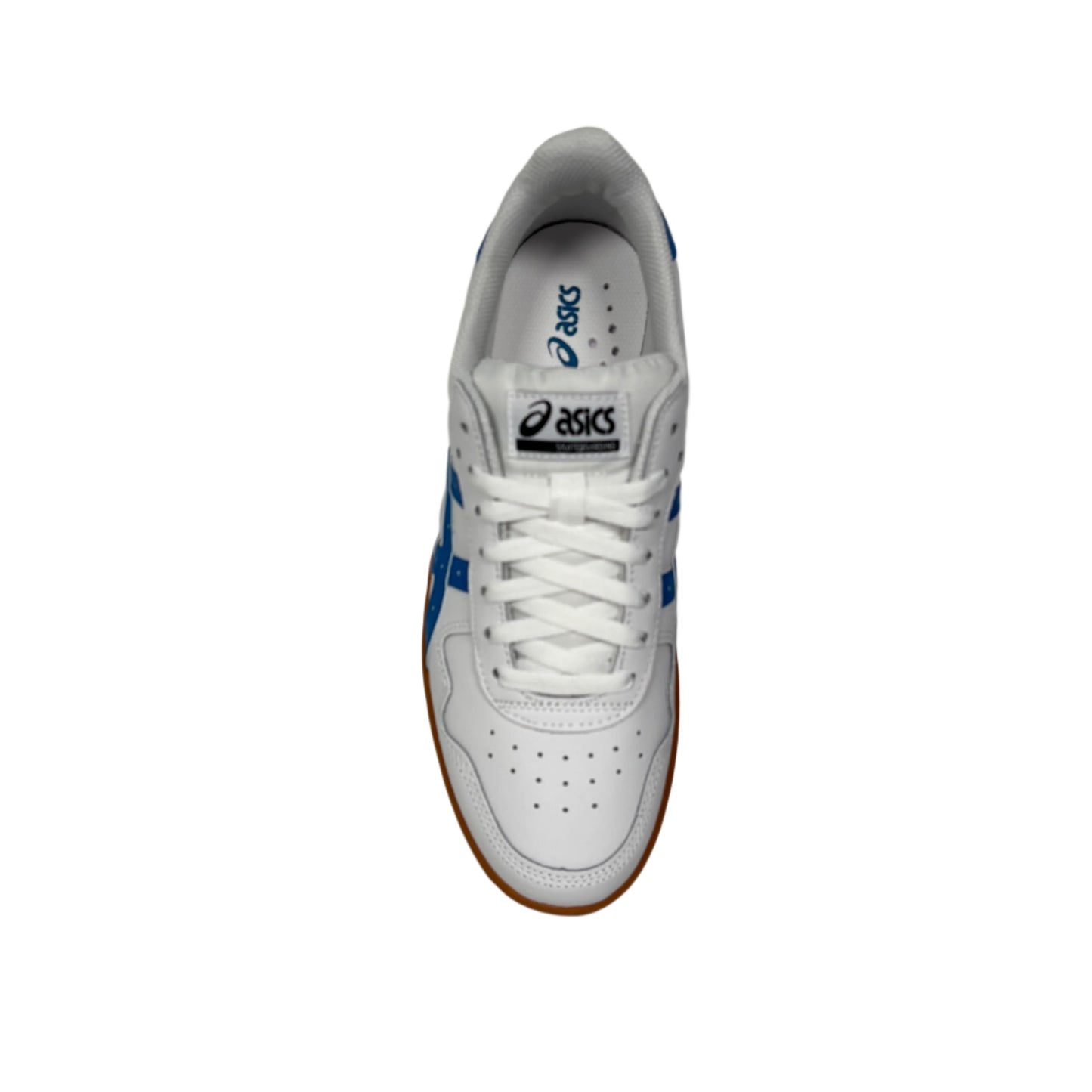 top down view of white leather low top sneaker with blue stripes and gum rubber outsole