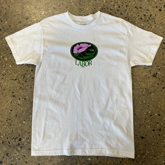 Labor Floral logo in pink and green, printed in center chest of white t-shirt