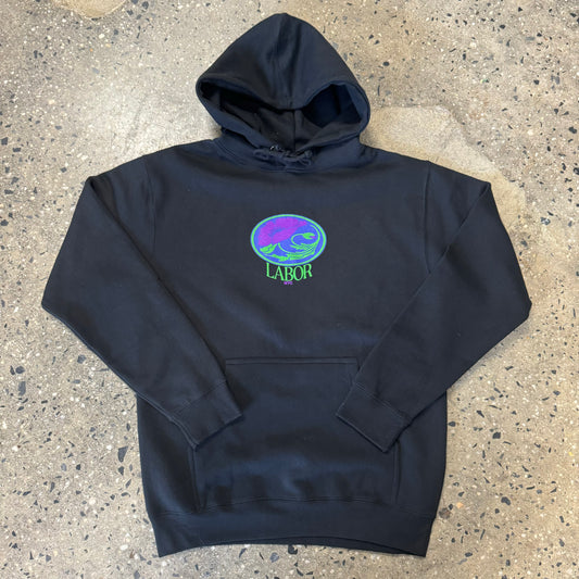 Purple and green floral LABOR logo on center chest of black hoodie