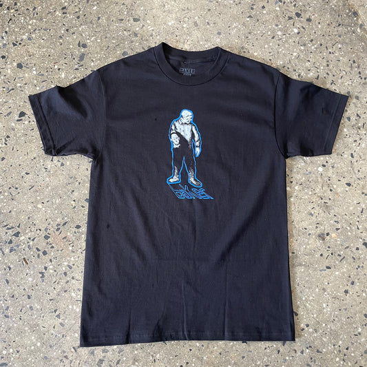 white and blue decapitated man with Baker logo on black T-shirt