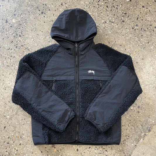 Black nylon and fleeced paneled hooded zip jacket