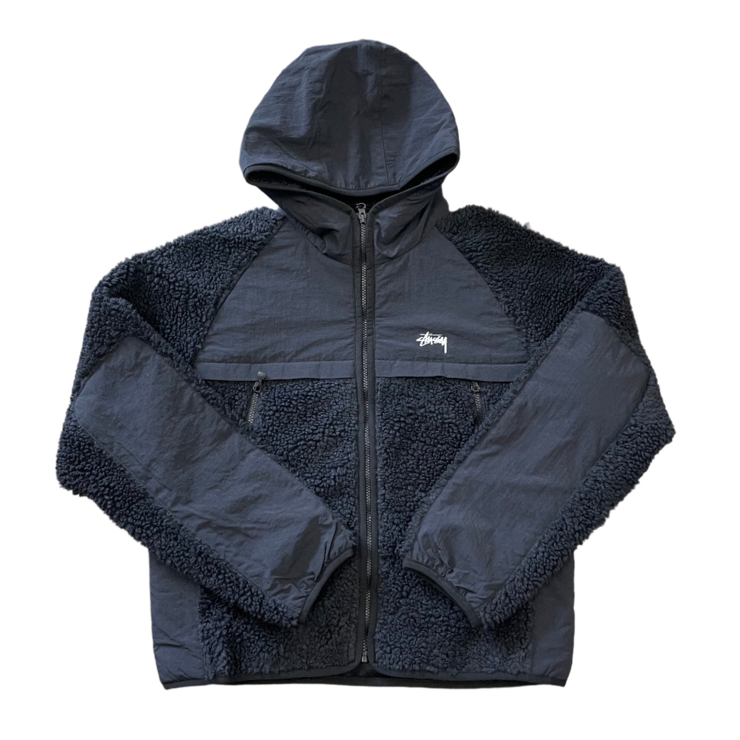 Black nylon and fleeced paneled hooded zip jacket