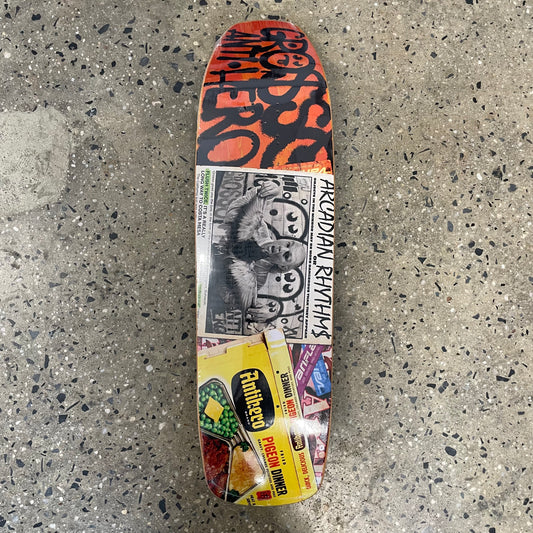 Multi Color collage style grosso skate deck, zine/cutout ad style look
