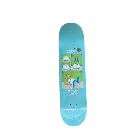 cartoon graphic on center of blue skateboard deck