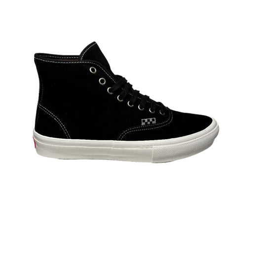 side view of black suede high top skateboard shoe