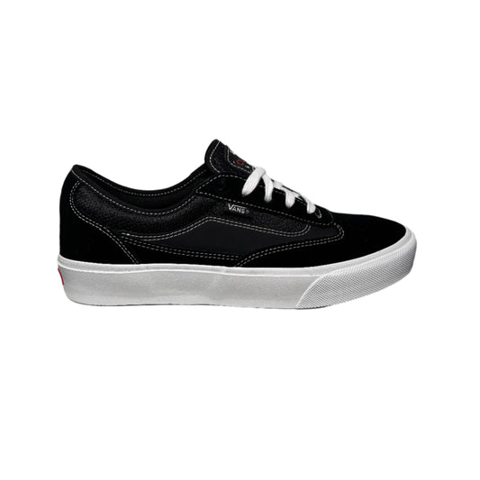 side view of black/white suede and nylon lowtop skateboard shoe
