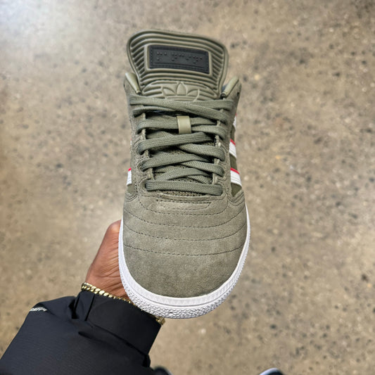 front view of olive suede sneaker