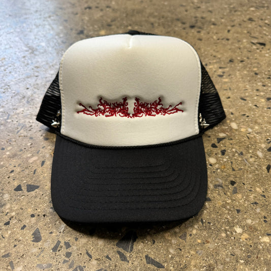 white, black, red trucker hat with star studs