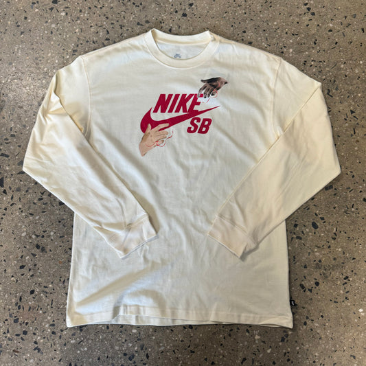 two hands with red Nike SB logo on white long sleeve T-shirt