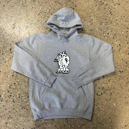 White skull logo printed on center chest of grey hooded sweatshirt