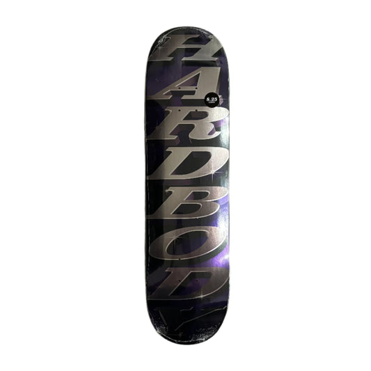 Skateboard deck with 'hardbody' branding on a white surface