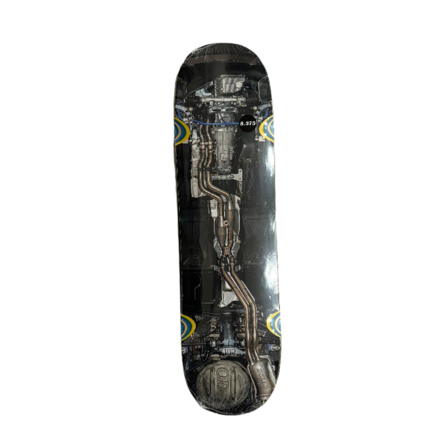 Skateboard deck with mechanical design on a white surface