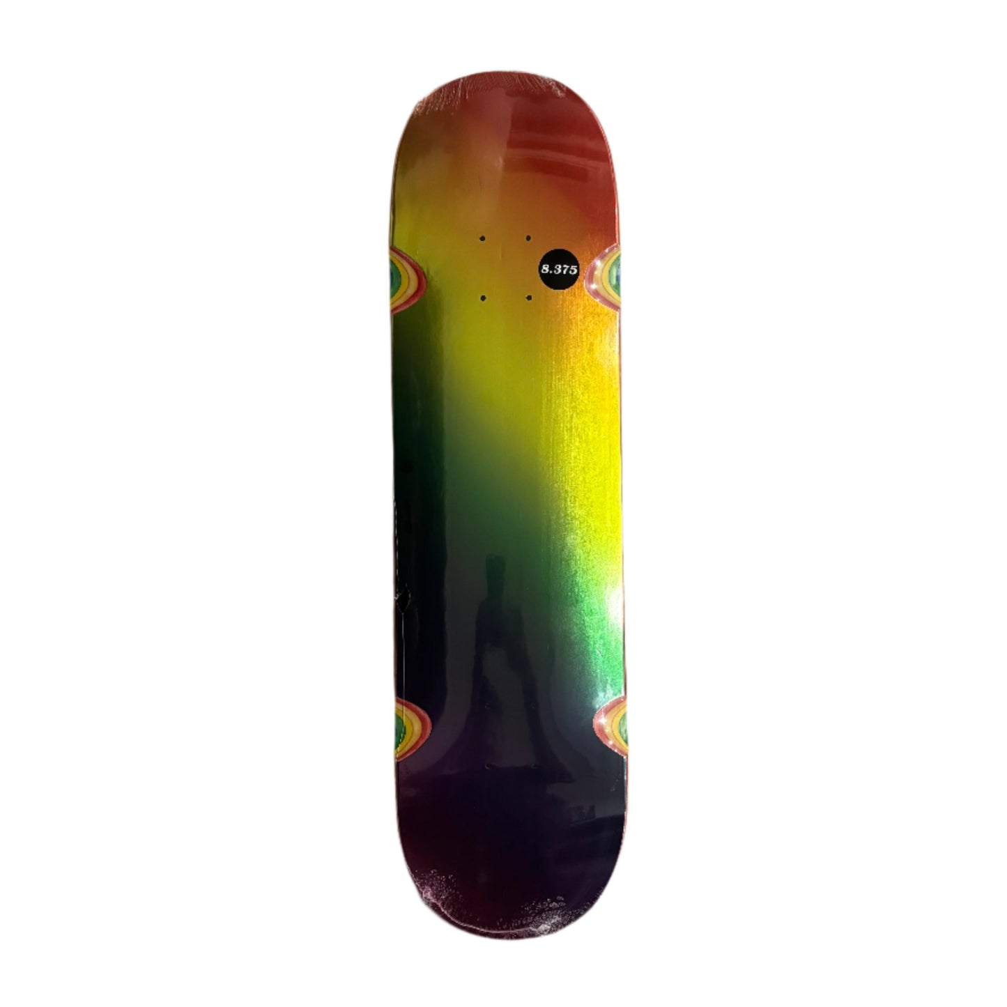 Skateboard deck with a colorful gradient design on a white surface.