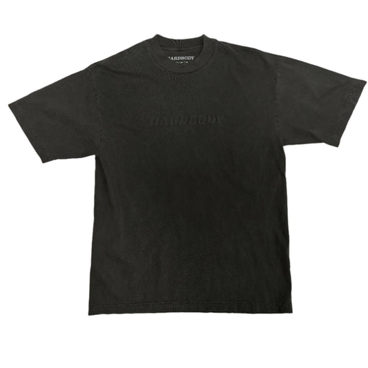Black t-shirt with a brand logo on a white background
