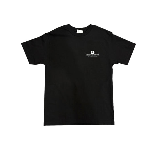 Black t-shirt with a white logo on a white surface