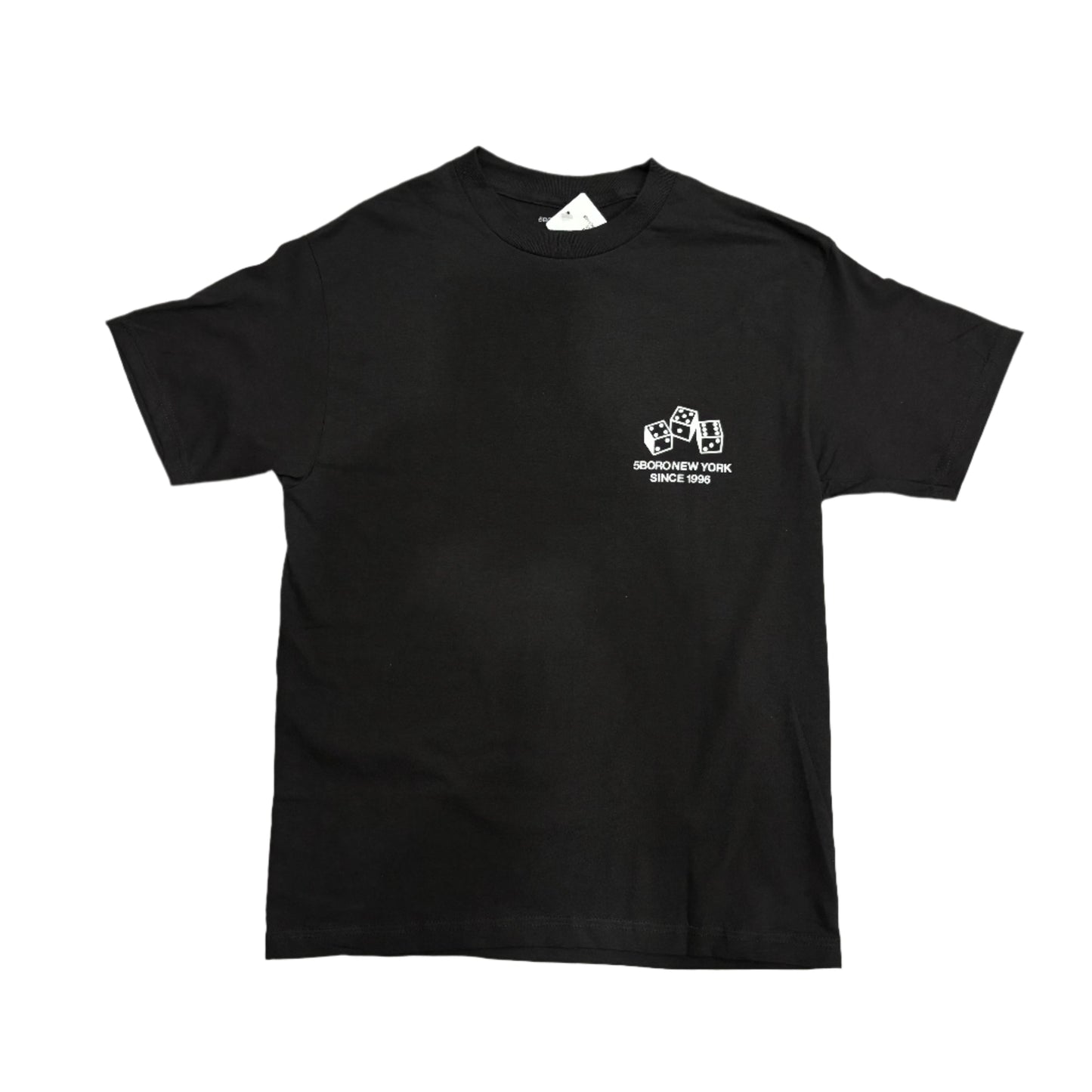 Black t-shirt with a dice logo on a white surface