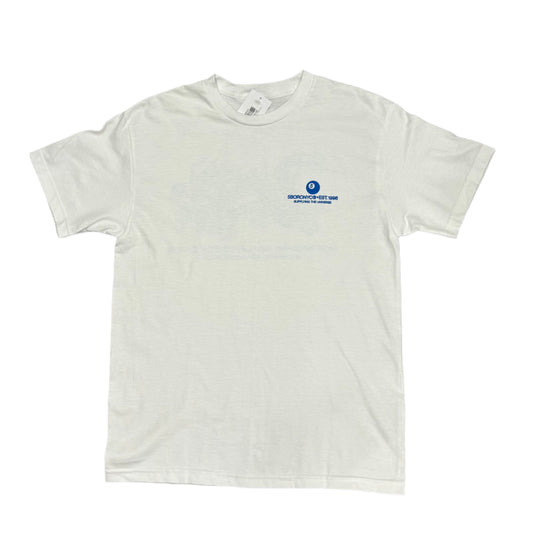 White t-shirt with a logo on a white surface