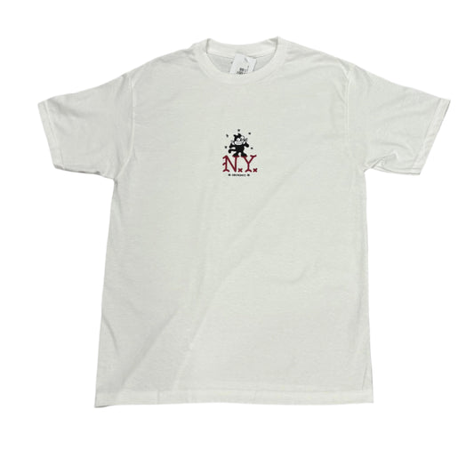 White t-shirt with a cat logo on a white surface