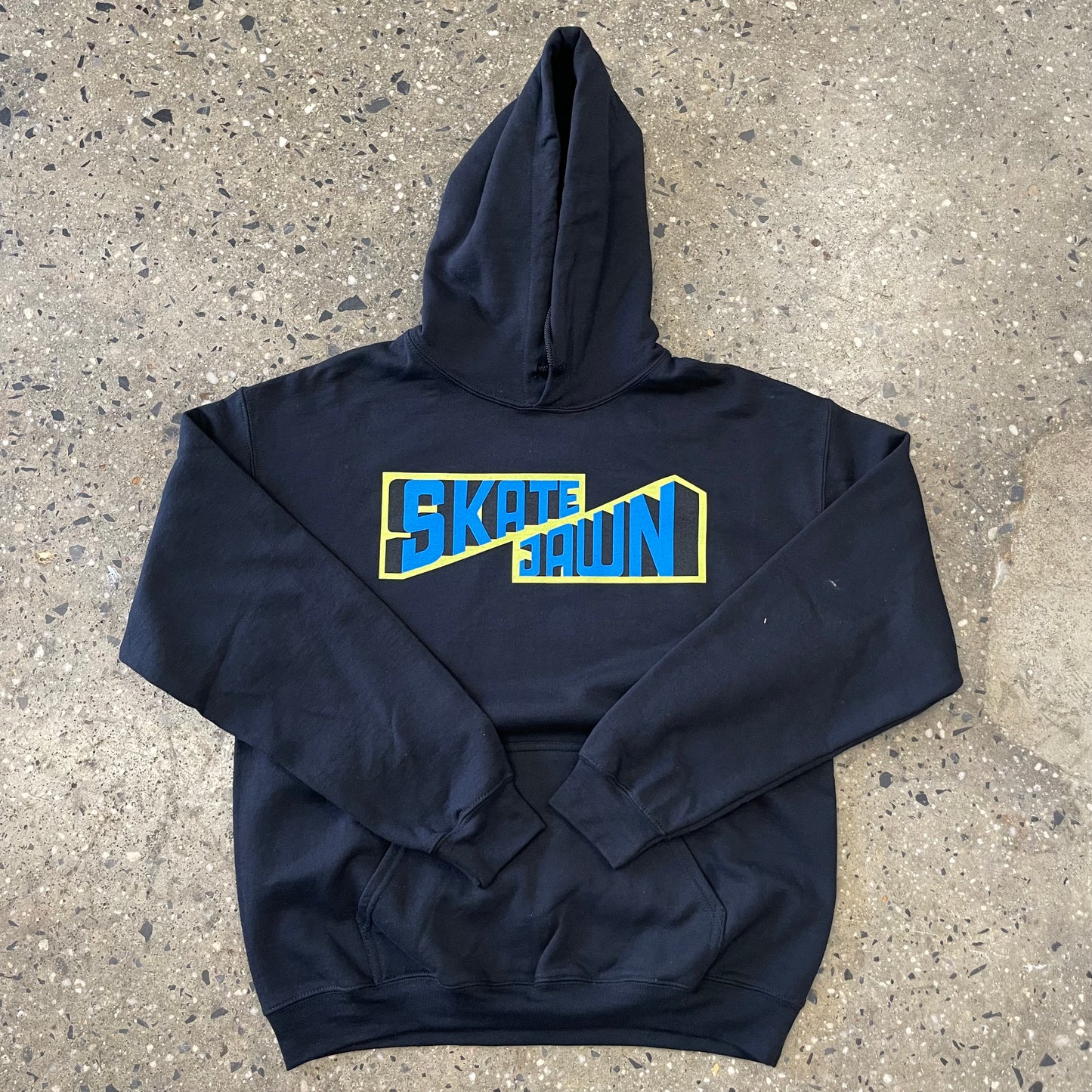 blue, yellow, black logo on black hoodie