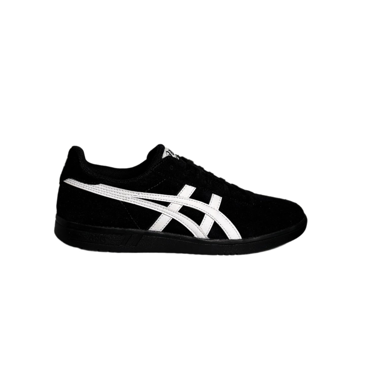 Black sneaker with white stripes on a white background